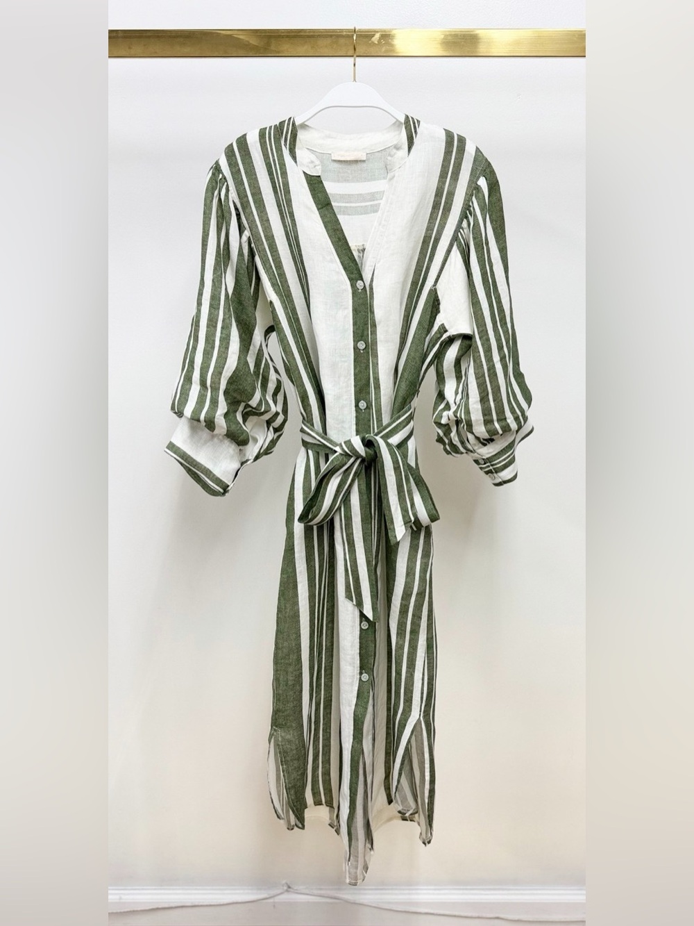 (155160-1-STRIPE-W/G) STRIPE BUBBLE SLEEVE LINEN DRESS WITH TIE BELT